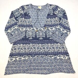 Fig and Flower Blouse Womens Small Blue Medallion Boho Tunic Festival Coastal